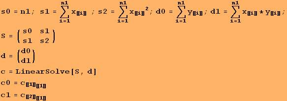 s0 = n1 ; s1 = Underoverscript[∑, i = 1, arg3] x_〚i〛&nbsp;&nbsp; ; s2 = Un ... Solve[S, d] c0 = c_〚1〛_〚1〛 c1 = c_〚2〛_〚1〛 