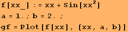 f[xx_] := xx + Sin[xx^2] &nbsp;&nbsp;&nbsp;&nbsp; RowBox[{RowBox[{a, =, 1.}], ;, RowBox[{b, =, 2.}],  , ;}] gf = Plot[f[xx], {xx, a, b}] 