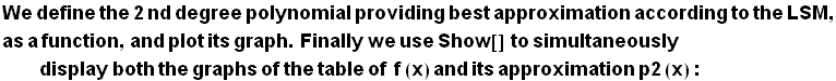 We define the 2nd degree polynomial providing best approximation according to the LSM, as a fu ... ltaneously display both the graphs of the table of&nbsp;&nbsp;f (x) and its approximation p2 (x) :