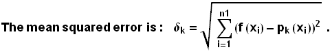 The mean squared error&nbsp;&nbsp;is : &nbsp;&nbsp;&nbsp;&nbsp;δ_k = (Underoverscript[∑, i = 1, arg3] (f (x_i) - p_k (x_i))^2)^(1/2) &nbsp;&nbsp; .