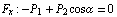 F _ x : -P _ 1 + P _ 2 cos&alpha; = 0